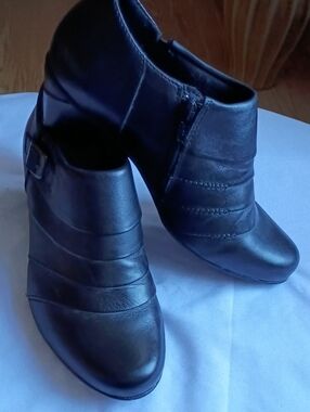 Earth Black Leather Ankle Booties with Side Zip and Buckle Detail